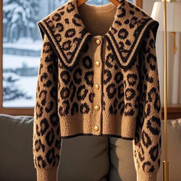 Women's Clothing Brown leopard print navy collar short knitted cardigan jacket for women winter temperament inner wear bottoming shirt top_ecoleips.com