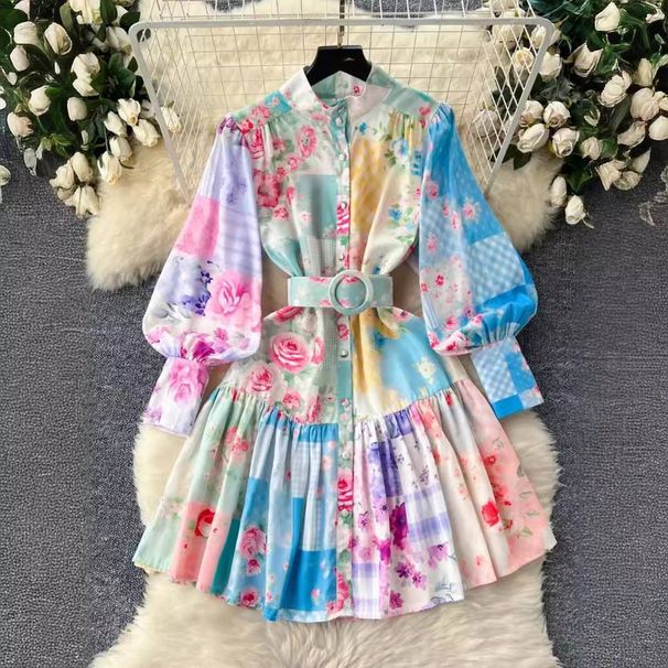 Women's Clothing Niche Light Luxury Stand Up Collar Lantern Long Sleeve Waist Single Breasted Ruffled Short Skirt_ecoleips.com