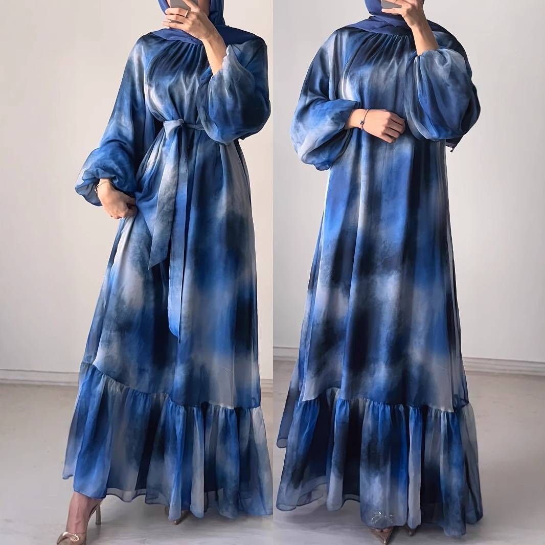Women's Clothing Casual Fashion Chiffon Round Neck Tie Dye With Belt Long Temperament Elegant Dress_ecoleips.com