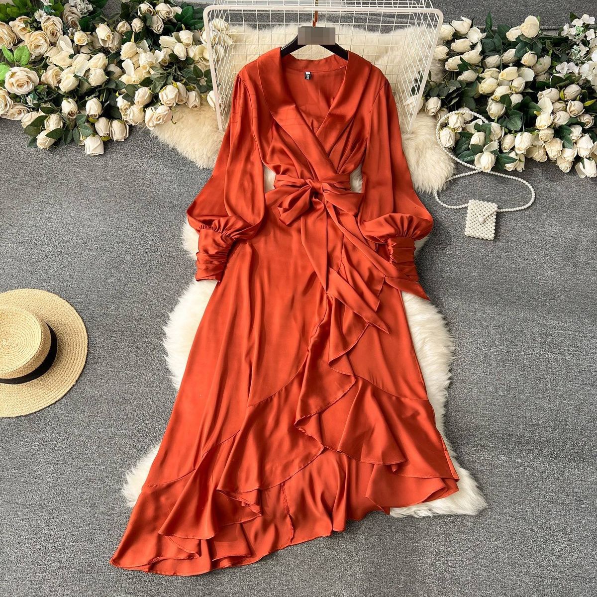 Women's Clothing Elegant Asymmetrical Suit Dress For Women Long Sleeved Tie Waist Ruffled Sophisticated And Mature Style_ecoleips.com