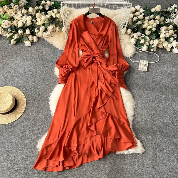 Women's Clothing Elegant Asymmetrical Suit Dress For Women Long Sleeved Tie Waist Ruffled Sophisticated And Mature Style_ecoleips.com