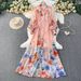 Women's Retro Print V-Neck Dress Lantern Sleeve Single-Breasted Tie Waist Elegant Long Dress For Spring/Autumn Casual Chic_ecoleips.com