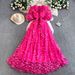 High-End French Style 3D Floral Puff Sleeve Dress Elegant Ethereal Mesh Long Women's Dress_ecoleips.com