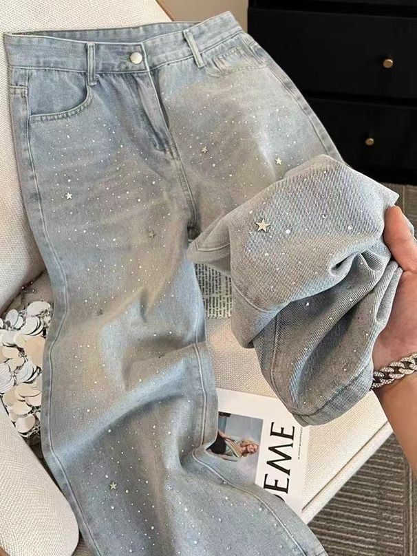 Women's Clothing Women's High Waist Flared Jeans With Star Embellishments – Light Blue Comfort Stretch Denim Pants For Casual Chic Style Waist Jeans_ecoleips.com