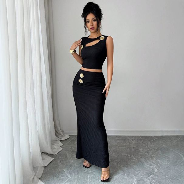 Summer New Style Women's Metallic Hollow Out Textured Sleeveless Top And Bodycon Long Skirt Set_ecoleips.com