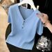Women's Summer Thin T-Shirt Colorful Buttons Ice Silk V Neck Short Sleeve Knitwear Loose Fit Tummy Covering Youthful_ecoleips.com