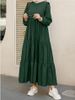 Women's Clothing Muslim New Ruffle Sleeves Pleated Hem Solid Color Round Neck Long Women's Big Swing Dress_ecoleips.com