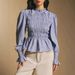 Blue Striped Blouse Ruffle Trim Puff Sleeves Elegant Retro Fit Women Casual Office Wear S M L_ecoleips.com