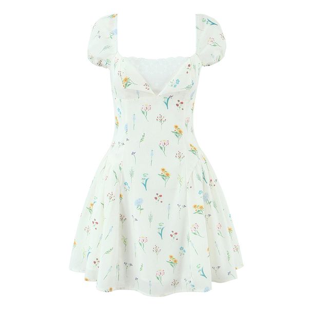 Sweet Floral Lace Mini Dress – Cottagecore Style, Puff Sleeves & Square Neck (S/M/L, High Waist & Ruffle Hem)_ecoleips.com