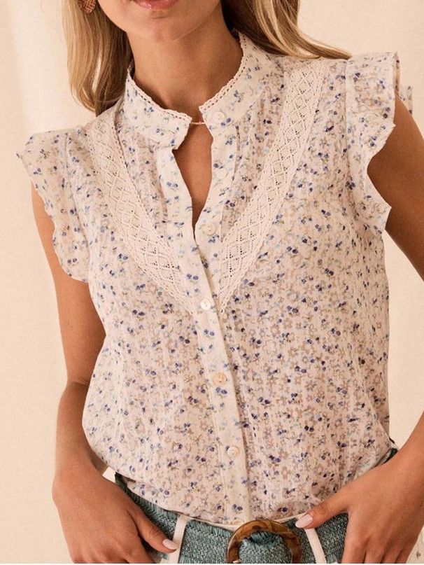 Ins2026 New Product Women's Printed Small Floral Lace Splicing Small Flying Sleeve Shirt Top_ecoleips.com