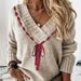 Women's Clothing Soft Ribbon V-Neck Knit Sweater For Women, Lightweight Pullover With Comfortable Fall & Spring Wear, Casual Long Sleeve Top In Khaki_ecoleips.com