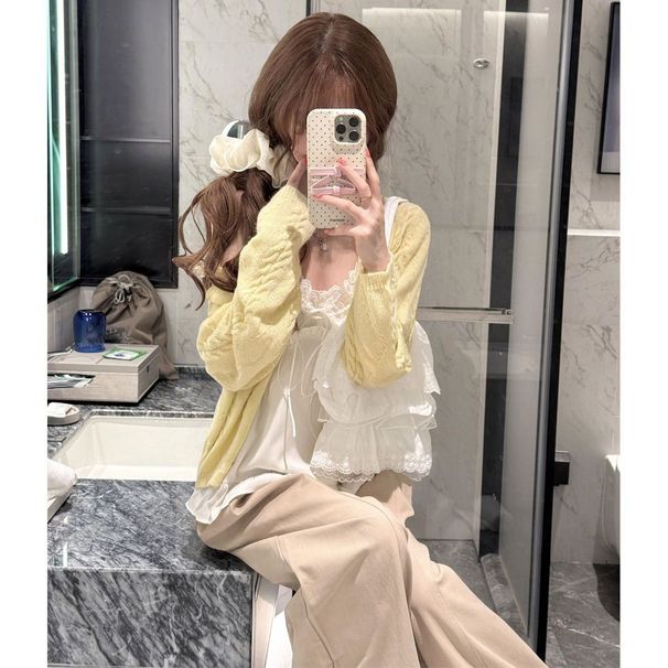 Sweet And Fashionable Outfit: A Set Of Soft Yellow Cable-knit Cardigan Sweater For Women + Lace Camisole Top_ecoleips.com