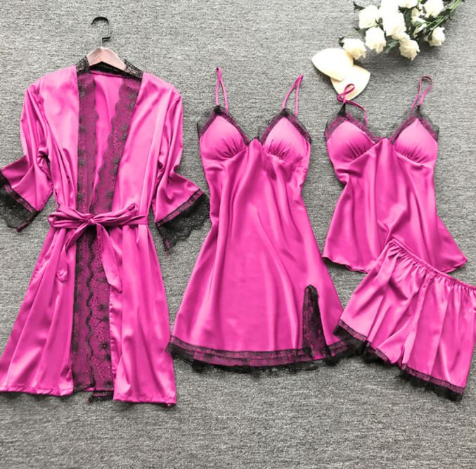 Silky-Touch 4-Piece Sleep Set – Padded Chemise, Robe & Adjustable Straps (S-XXXXL)_ecoleips.com