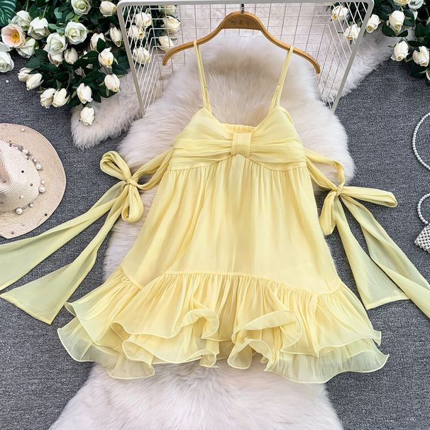 Yellow Bow Tie Sundress for Women Beach Photos Slimming Sexy Backless Design Loose Flattering Ruffled Hem Casual Summer Dress_ecoleips.com