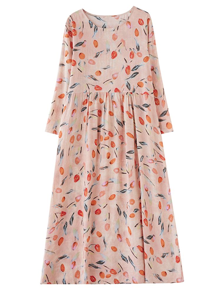 Cotton Long Sleeve Print Floral Vintage Dresses For Women 2025 Autumn Casual Loose Dress Femme Robe Office Lady Elegant Clothing_ecoleips.com