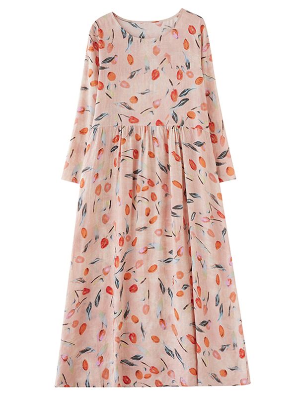 Cotton Long Sleeve Print Floral Vintage Dresses For Women 2025 Autumn Casual Loose Dress Femme Robe Office Lady Elegant Clothing_ecoleips.com