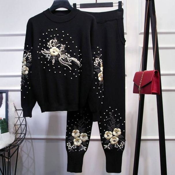 Pearl-Embellished Knit Sweater & Pants Set – Oversized Two-Piece Outfit (S-XXL) | Black & Grey | Streetwear Chic_ecoleips.com