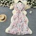 Women's Clothing Summer Slimming Ruffled Floral Dress V Neck Short Flutter Sleeve Lace Up Waist Cinching_ecoleips.com