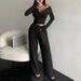 Spring Autumn Short Slim Fit V Neck Button Down T-Shirt Wide Leg Pants Women's Clothing Set Long Sleeved Bottoming Suit_ecoleips.com