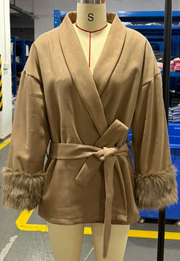 Elegant French Wool Blend Short Coat For Women - V-Neck Belted Tweed Jacket With Faux Fur Cuffs, Classic Solid Colors For Office & Casual Wear_ecoleips.com