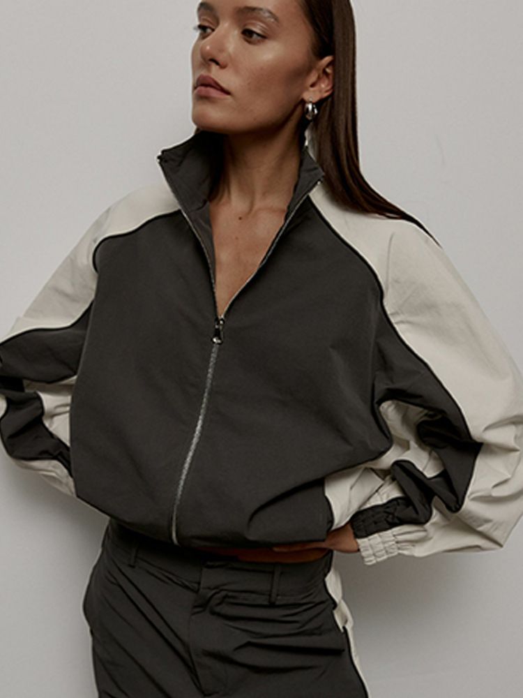 Women's Stylish Contrast Color Drawstring Sport Jacket & Pants Set - Casual Streetwear Outfit For Women (White/Grey/Black, S/M/L/XL)_ecoleips.com