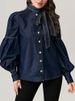 K European And American Style Women's Fashion New Lace Up Bow Denim Shirt_ecoleips.com