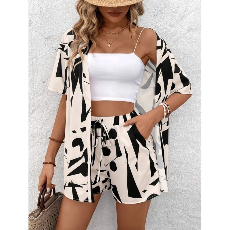 Summer Elegant Printed Two Piece Set For Women Short Sleeve Top With Tie Waist High-Waisted Shorts Vacation Style_ecoleips.com
