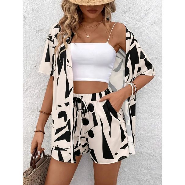 Summer Elegant Printed Two Piece Set For Women Short Sleeve Top With Tie Waist High-Waisted Shorts Vacation Style_ecoleips.com