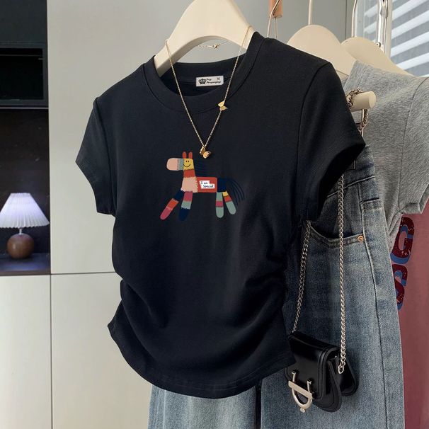 High End Women's off Shoulder T-Shirt Short Sleeved Slimming Waist Cinching Irregular Print Summer Top_ecoleips.com