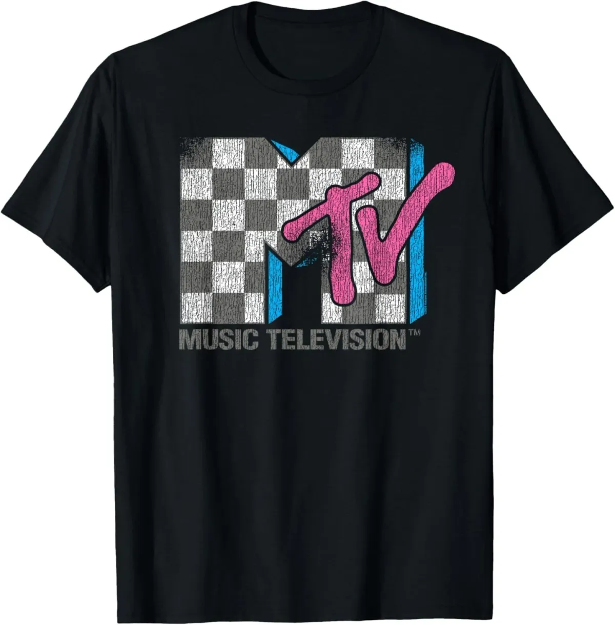 Women's T-Shirts MTV Distressed Vintage Checkerboard Logo Music Television T-Shirt_ecoleips.com