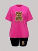 Summer Women's Casual Fashion Lover Bear Cartoon Graphic Printed Loose T-shirt Shorts Two-piece Set Summer Sportswear Suitable For Daily Wear-162_ecoleips.com