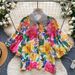 Women's Rhinestone Embellished Peter Pan Collar Lantern Sleeve Printed Shirt Loose Fitting Cardigan Top Summer Short Sleeved Heavy Duty_ecoleips.com
