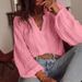 Women's Loose Fashionable V Neck Long Sleeve Shirt Hollow Out Lace Single Breasted Top Spring Autumn_ecoleips.com