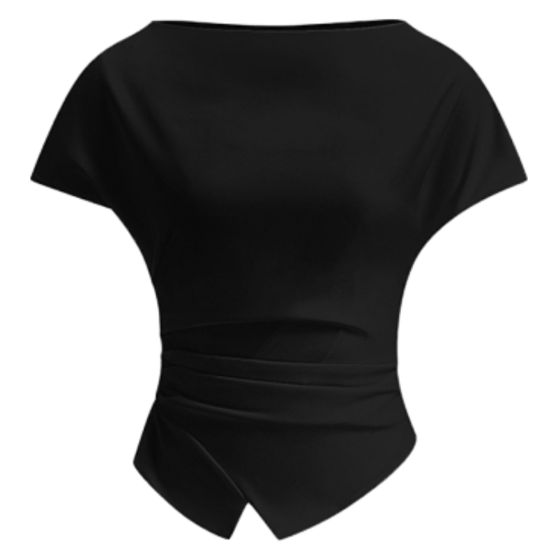 Bonboho Women's Fashion Solid Color Short Sleeve Top Asymmetric Hem Slim Fit T-shirt 2025 Summer Elegant Raglan Sleeve Tees_ecoleips.com