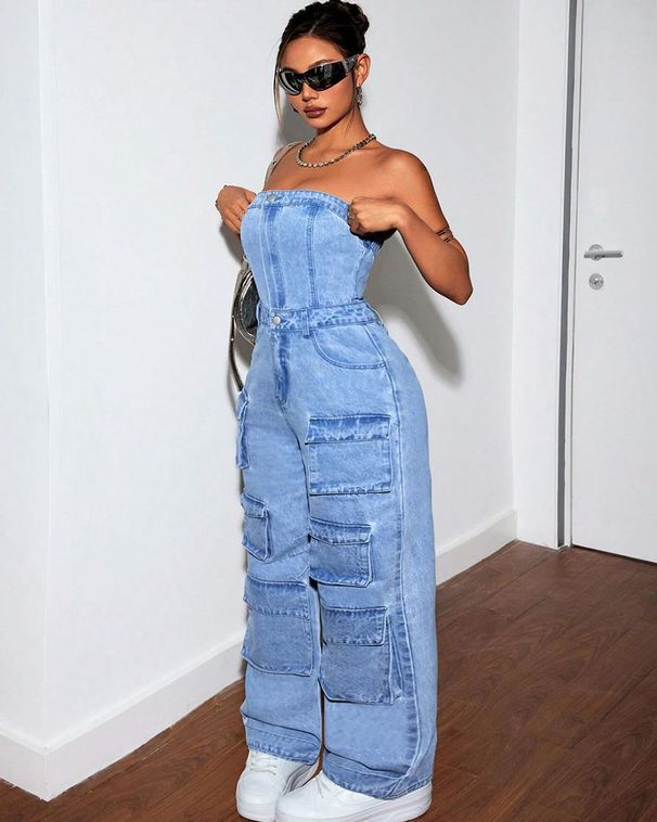 Women's Clothing Fashion Hot Girl Tube Top Multi Pocket Overalls_ecoleips.com