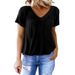 Cross-border Foreign Trade European And American Clothing T-shirt, New Casual Pleated Solid Color V-neck_ecoleips.com