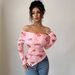 Women's Off-the-Shoulder Slim Fit Ruffled Hem Irregular Print Top Spring New Style Versatile European American_ecoleips.com