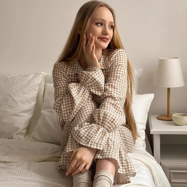 New European American Style Women's Home Wear: Pure Cotton Plaid Sleeve Long Pants Lace Loose Pajamas Two-Piece Set_ecoleips.com