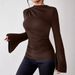 Women's Clothing Pleated Design Flared Sleeve Stand Up Collar Slim Fit Ladies T Shirt_ecoleips.com