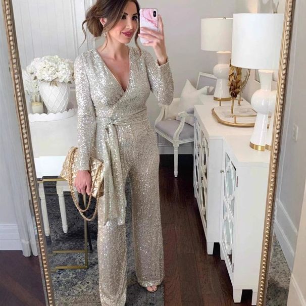 Glitter Sequin Wrap V-Neck Jumpsuit For Women - Stylish Long Sleeve Belted Romper, Casual & Party Outfit (Black, Silver,)_ecoleips.com