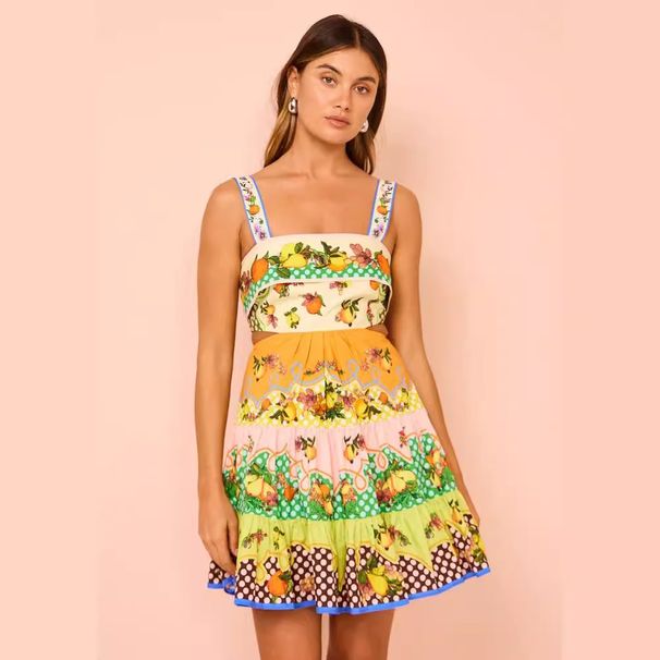 Women's Clothing Casual Fashion Printed Sleeveless Lapels Stitching Lace Dress_ecoleips.com