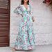 Women's Clothing Printed V Neck Lantern Sleeve Waist Dress_ecoleips.com