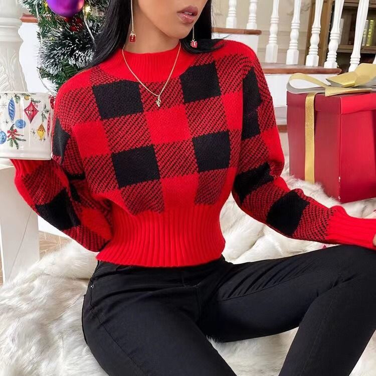Christmas Knit Sweater Women's Long Sleeve Turtleneck - Fair Isle Jacquard Pattern Cozy Winter Pullover In Red & Black (S/M/L)_ecoleips.com