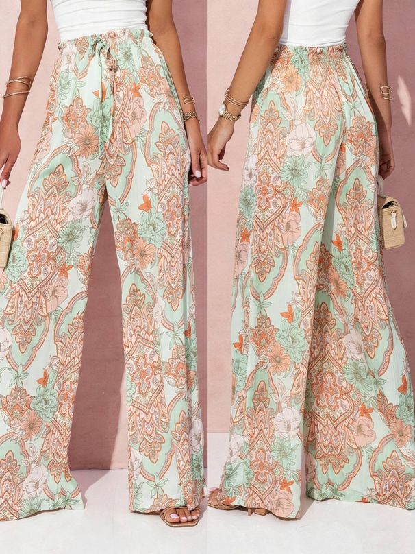 Women's Wide Leg Pants With Resort Style Paisley Floral Print Design, Casual And Elegant, Suitable For Commuting And Vacation Occasions_ecoleips.com