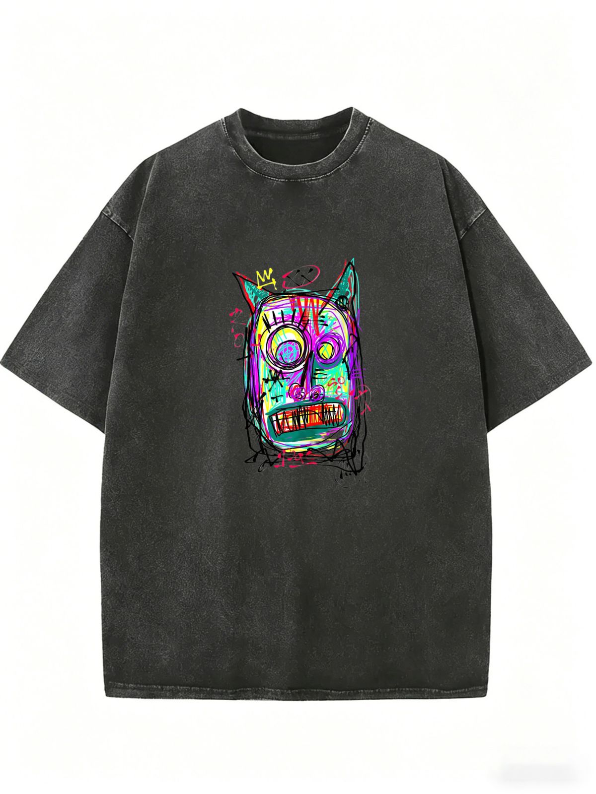 Abstract Graffiti Monster Face Graphic Acid Wash Washed Oversized T Shirt Men Women Crew Neck Short Sleeve Loose Vintage Street Punk Casual Tee_ecoleips.com