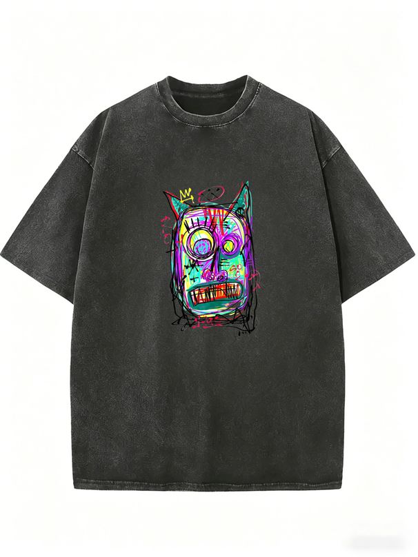 Abstract Graffiti Monster Face Graphic Acid Wash Washed Oversized T Shirt Men Women Crew Neck Short Sleeve Loose Vintage Street Punk Casual Tee_ecoleips.com