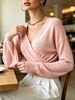 Blush Pink Deep V Wrap Pit Rib Knit Sweater, Loose Lightweight Breathable Soft Skin-touch Long Sleeve Waist Cuff Pullover_ecoleips.com