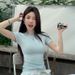 Mint Green Shoulder Crew Neck Slim-fitting Short-sleeved T-shirt Women's 2026 Summer New Spice Girl Pinched Waist And Thin Short Top T_ecoleips.com