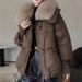Women's Short Puffer Jacket Winter Coat – Thickened Polyester Wadding, Slim Fit, Polo Collar (Black/Coffee)_ecoleips.com