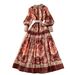 Women's Clothing Retro Style Palace Print Lapel Lantern Sleeve Waist Single Breasted Dress Female Slim Elegant Long Skirt_ecoleips.com